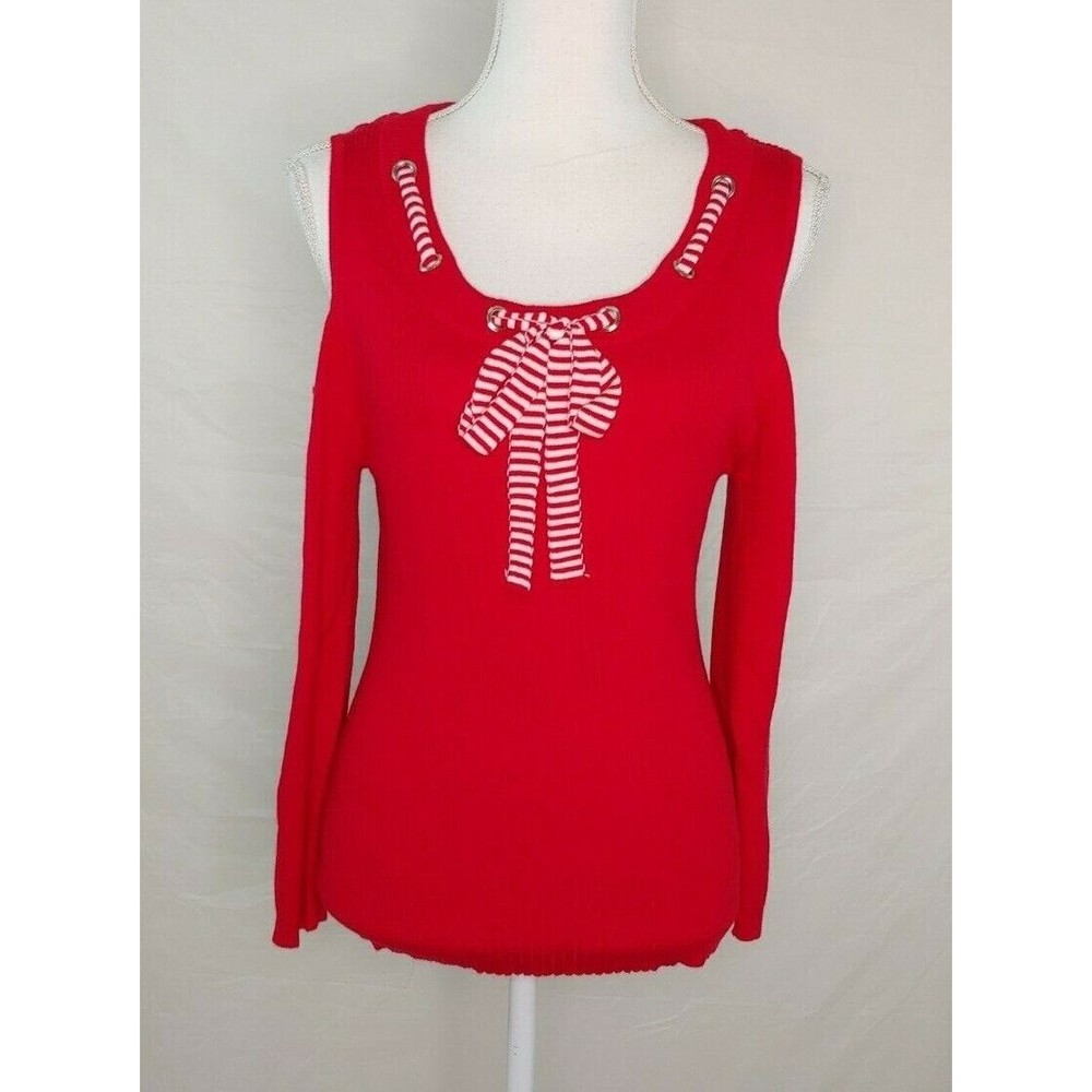 Lauren Michelle Womens Top Sz XL Petite Christmas Holiday Red Cold Shoulder